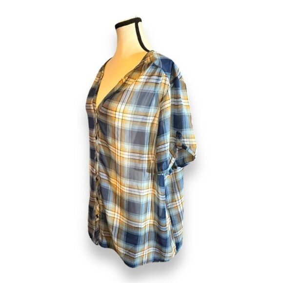 Women’s 2X Blue and Orange Plaid Georgette V Neck Short Sleeve Top 18 20 XXL - Picture 4 of 8